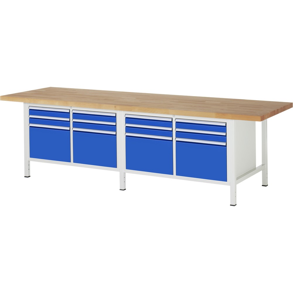RAU Werkbank Serie 8000, 2 Doppel-Container, HxBxT 840-1.040 x 3.000 x 900 mm, 12 x 100%-Auszug-Schubladen 8 x 90, 4 x 360 mm