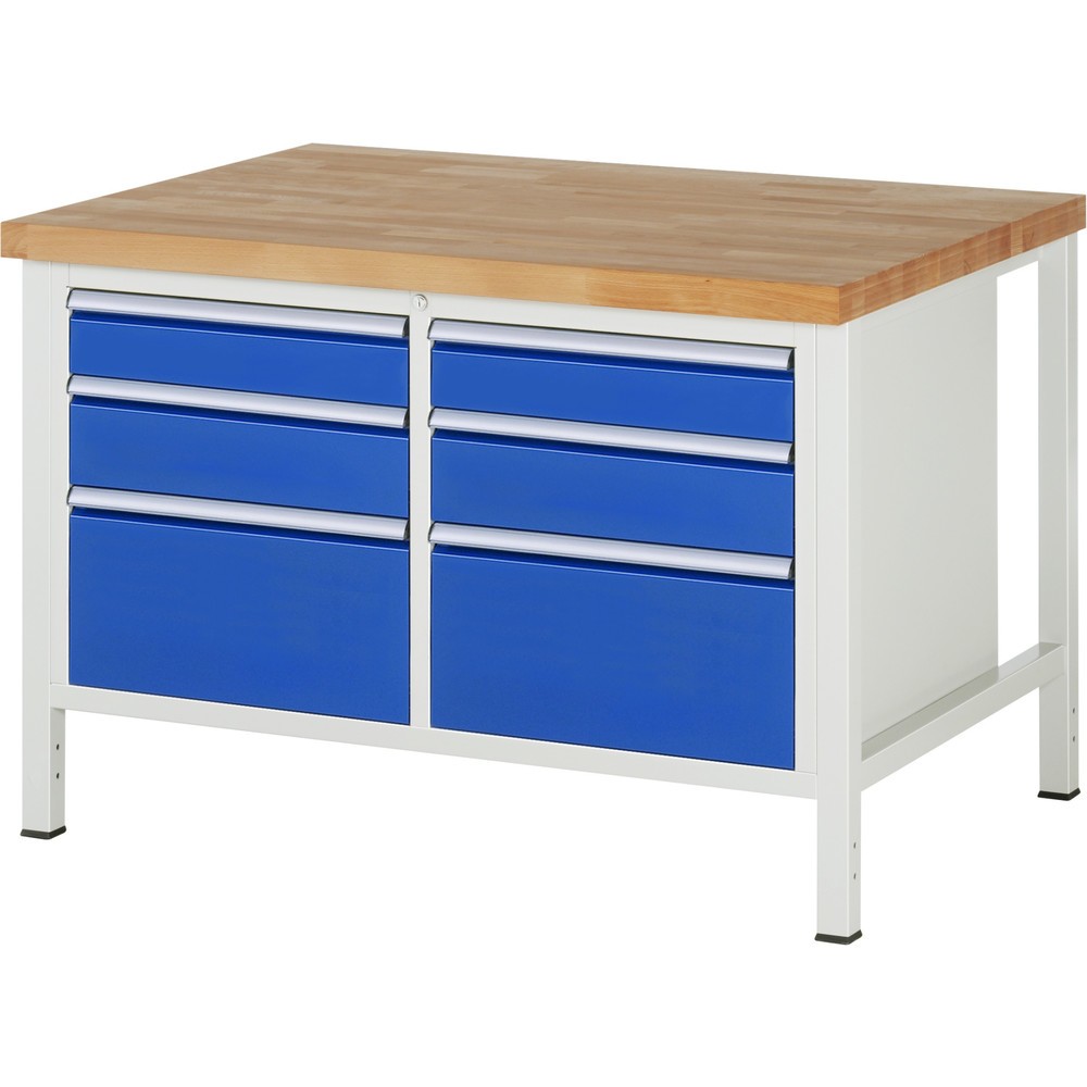 RAU Werkbank Serie 8000, 1 Doppel-Container, HxBxT 840 x 1.250 x 900 mm, 6 x 100%-Auszug-Schubladen 2 x 120, 2 x 150, 2 x 270 mm, Schubladen-TK 100 kg