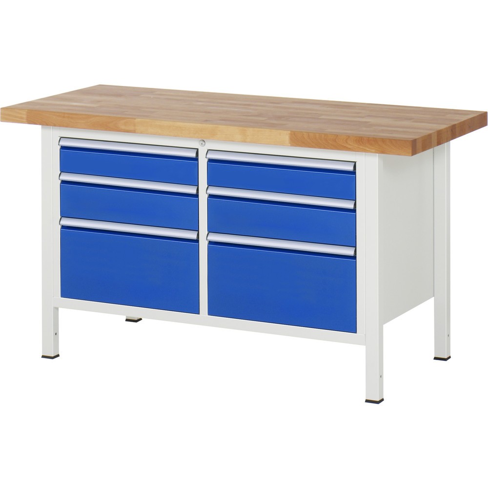 RAU Werkbank Serie 8000, 1 Doppel-Container, HxBxT 840 x 1.500 x 700 mm, 6 x 90%-Auszug-Schubladen 2 x 120, 2 x 150, 2 x 270 mm, Schubladen-TK 100 kg