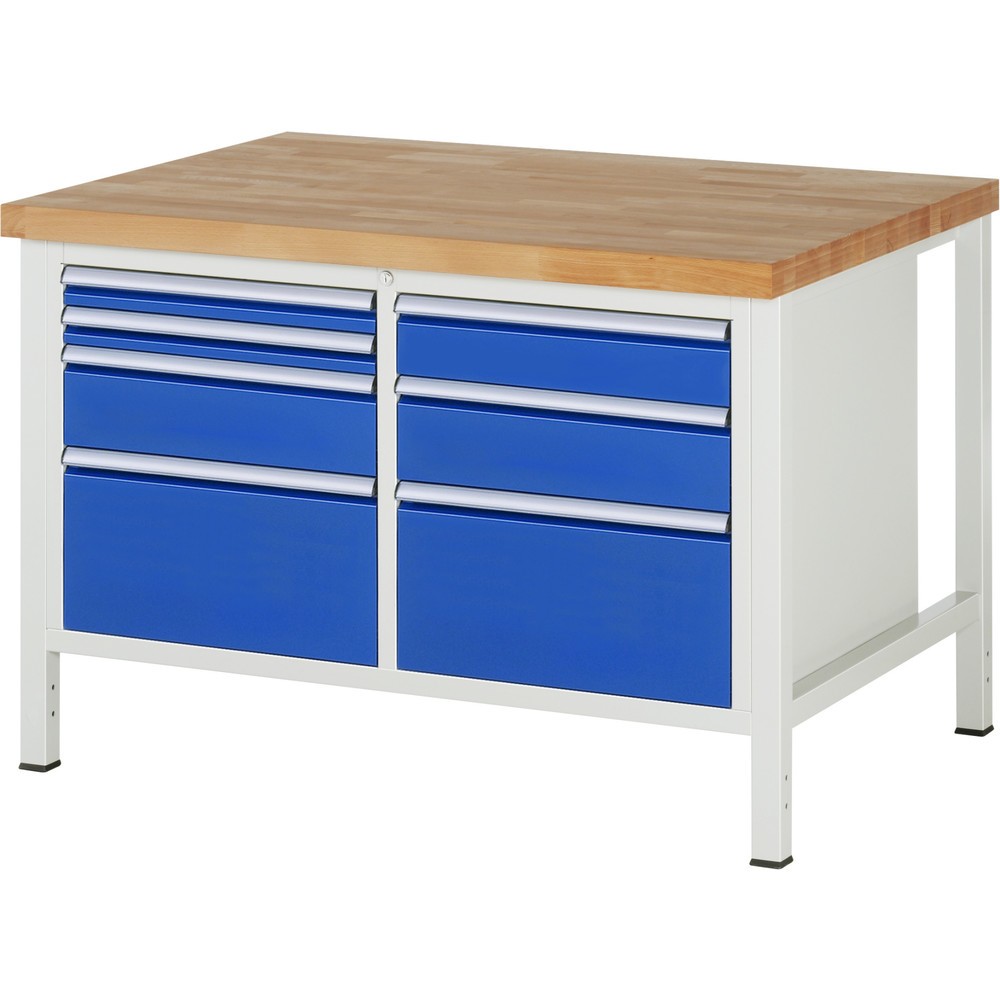 RAU Werkbank Serie 8000, 1 Doppel-Container, HxBxT 840 x 1.250 x 900 mm, 7 x 100%-Auszug-Schubladen