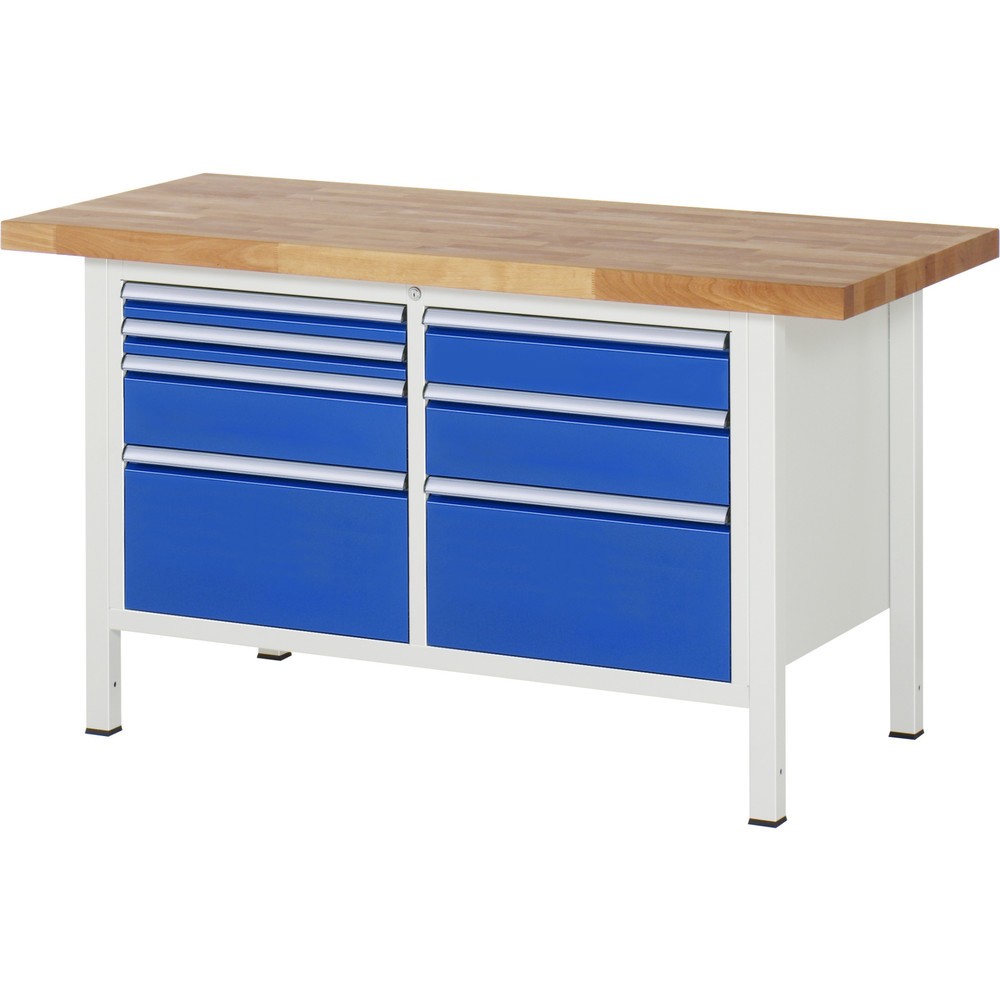RAU Werkbank Serie 8000, 1 Doppel-Container, HxBxT 840-1.040 x 1.500 x 700 mm, 7 x 100%-Auszug-Schubladen
