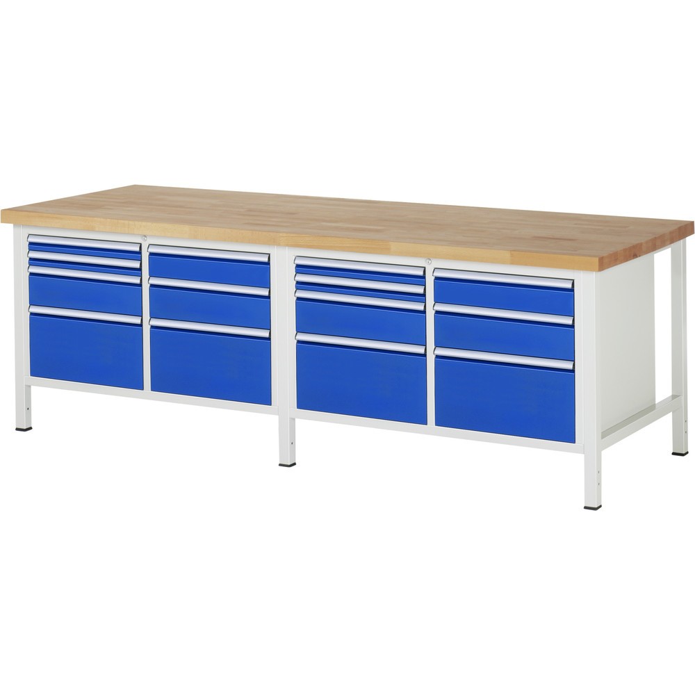 RAU Werkbank Serie 8000, 2 Doppel-Container, HxBxT 840-1.040 x 2.500 x 900 mm, 14 x 100%-Auszug-Schubladen