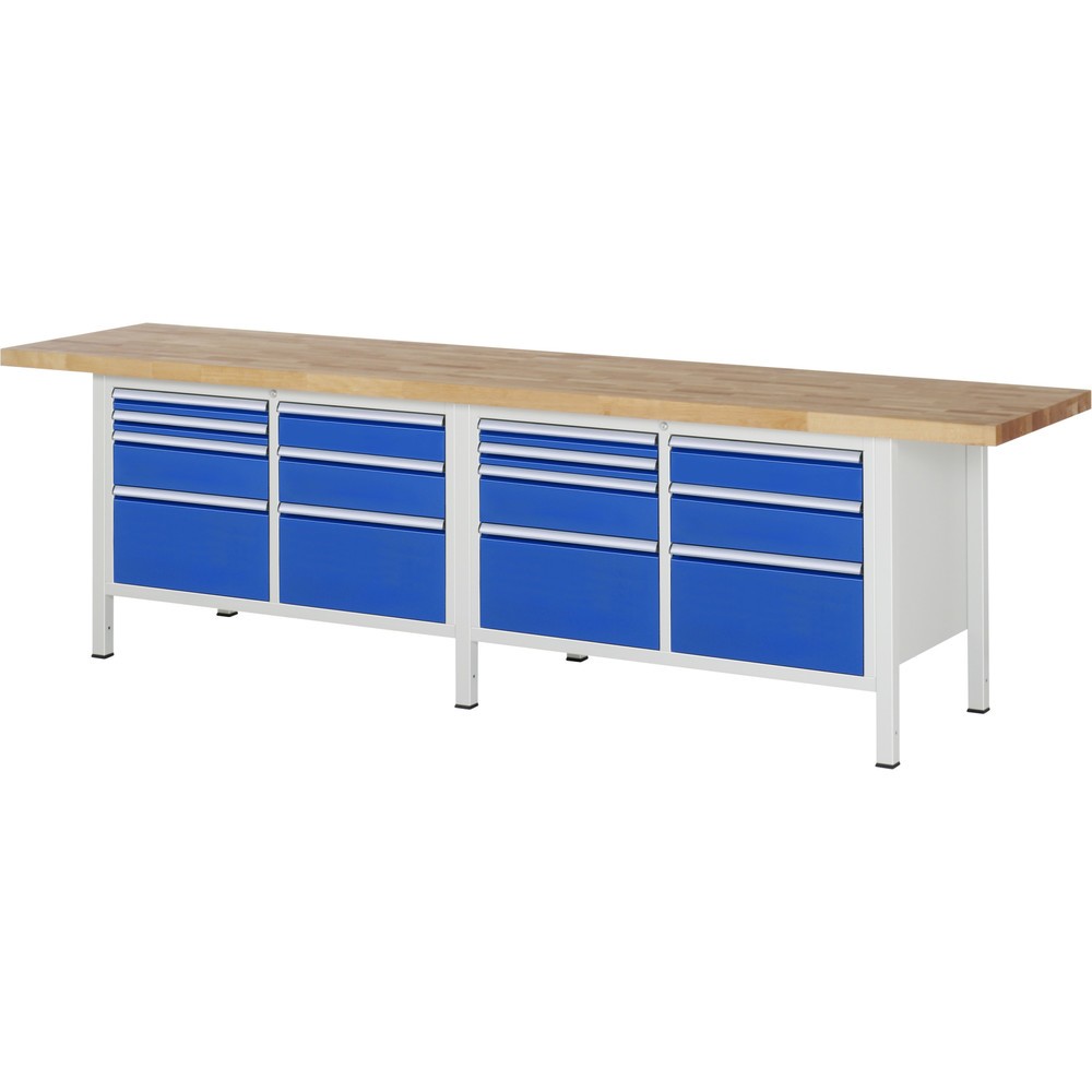 RAU Werkbank Serie 8000, 2 Doppel-Container, HxBxT 840-1.040 x 3.000 x 700 mm, 14 x 90%-Auszug-Schubladen
