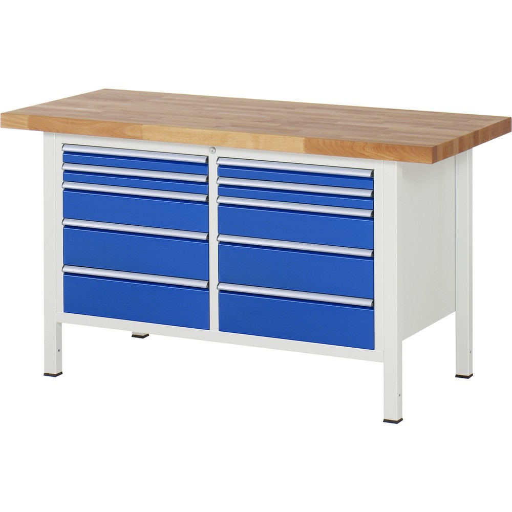 RAU Werkbank Serie 8000, 1 Doppel-Container, HxBxT 840-1.040 x 1.500 x 700 mm, 10 x 90%-Auszug-Schubladen, Schubladen-TK 100 kg
