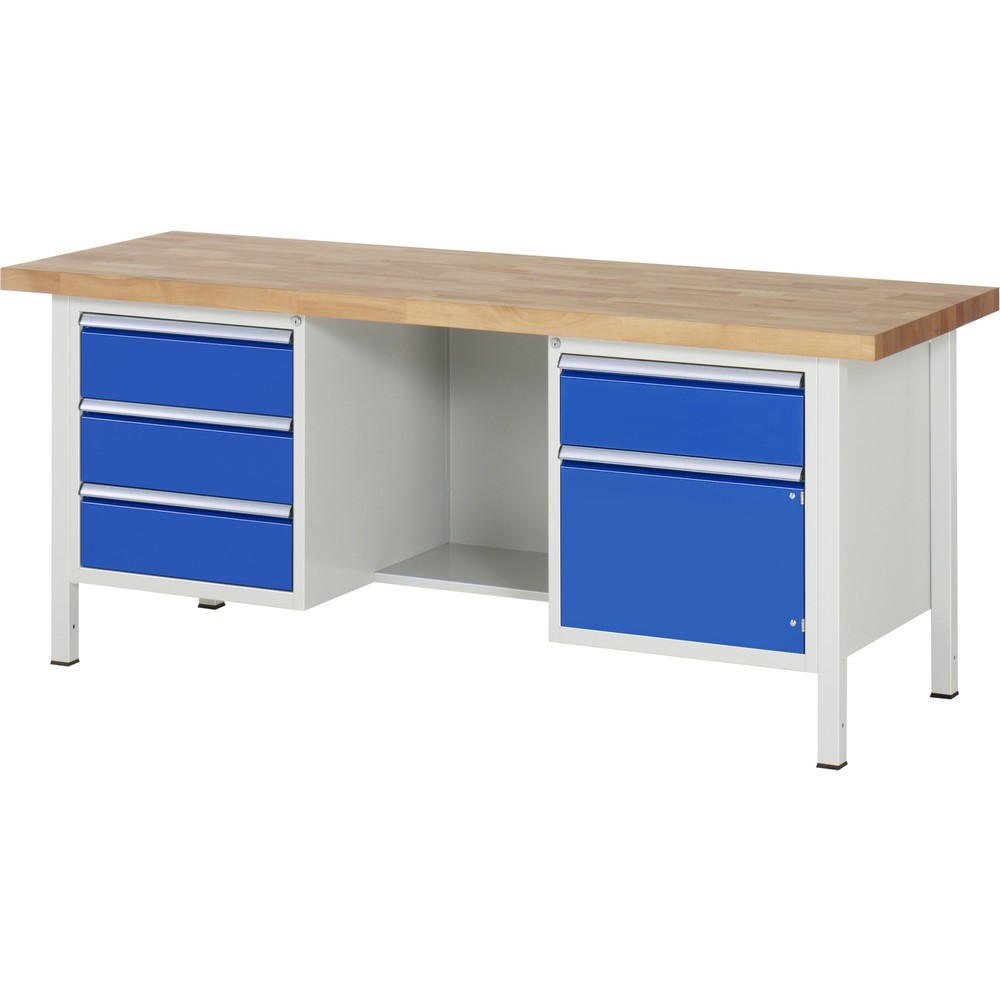 RAU Werkbank Serie 8000, 2 Container, 1 Ablageboden, 1 Flügeltür, HxBxT 840-1.040 x 2.000 x 700 mm, 4 x 100%-Auszug-Schubladen 4 x 180 mm