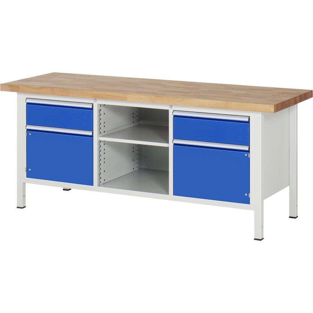 RAU Werkbank Serie 8000, 1 Dreifach-Container, 1 Fachboden, 2 Flügeltüren, HxBxT 840 x 2.000 x 700 mm, 2 x 100%-Auszug-Schubladen