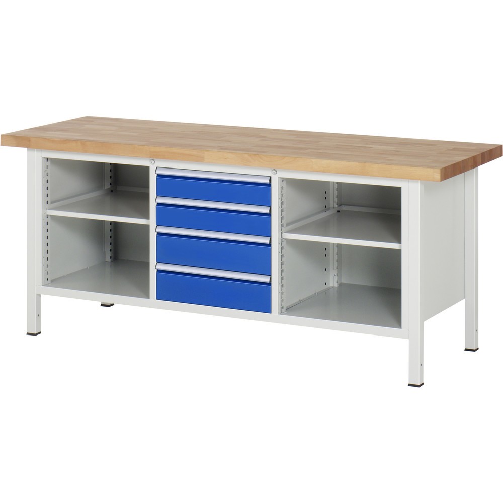 RAU Werkbank Serie 8000, 1 Dreifach-Container, 2 Fachböden, HxBxT 840 x 2.000 x 700 mm, 4 x 90%-Auszug-Schubladen, Schubladen-TK 100 kg