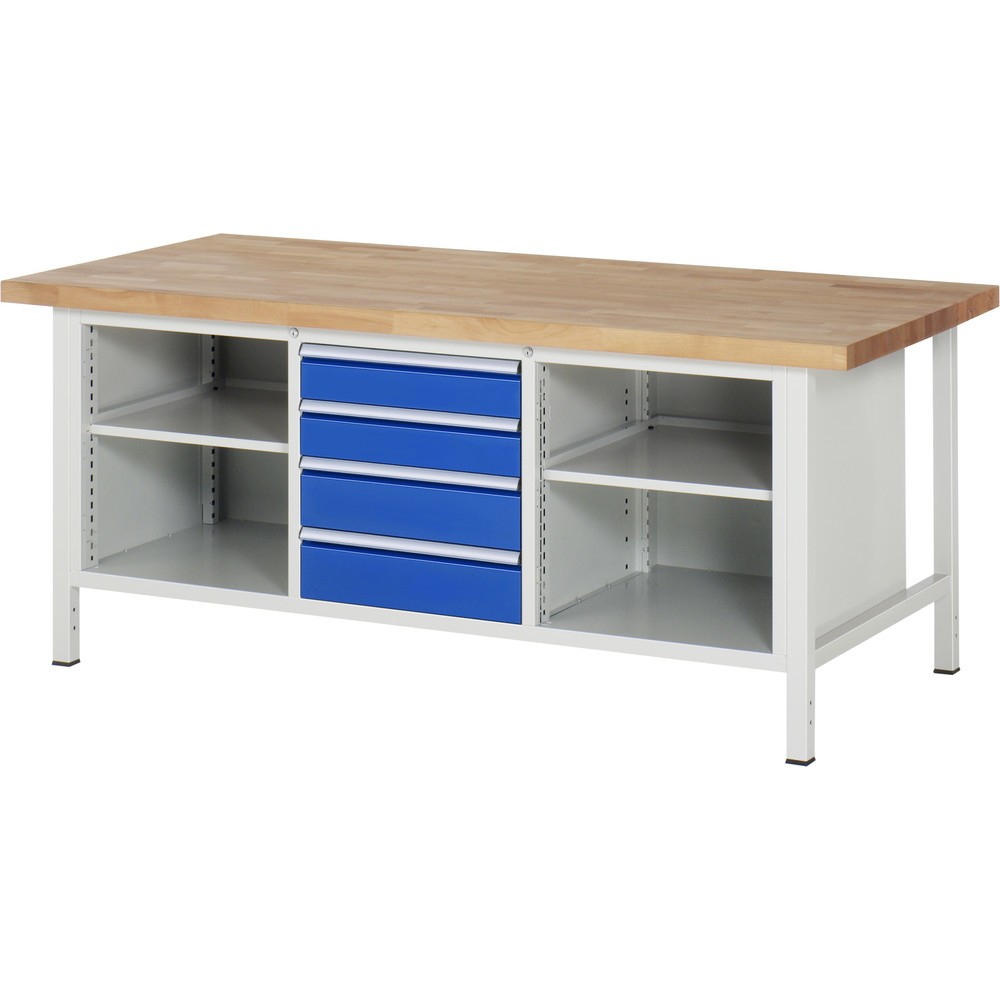 RAU Werkbank Serie 8000, 1 Dreifach-Container, 2 Fachböden, HxBxT 840-1.040 x 2.000 x 900 mm, 4 x 90%-Auszug-Schubladen, Schubladen-TK 100 kg