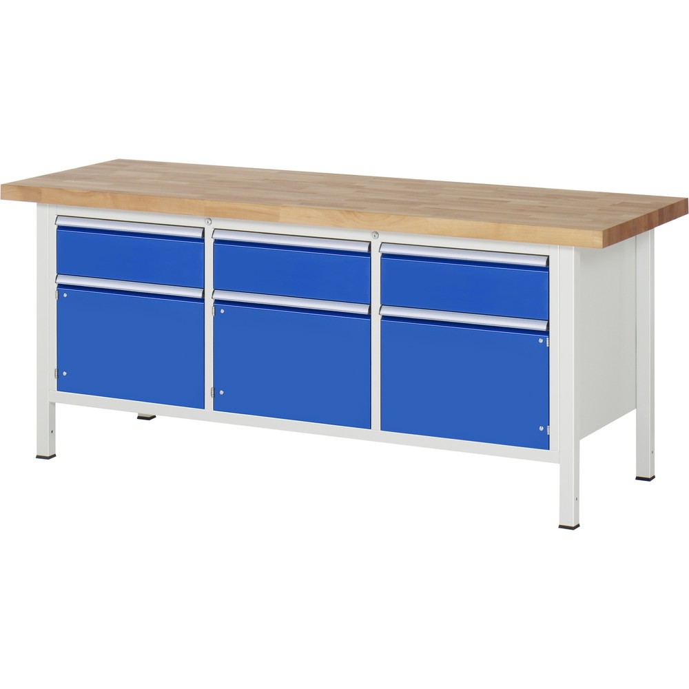 RAU Werkbank Serie 8000, 1 Dreifach-Container, 3 Flügeltüren, HxBxT 840-1.040 x 2.000 x 700 mm, 3 x 100%-Auszug-Schubladen, ErgoScript®
