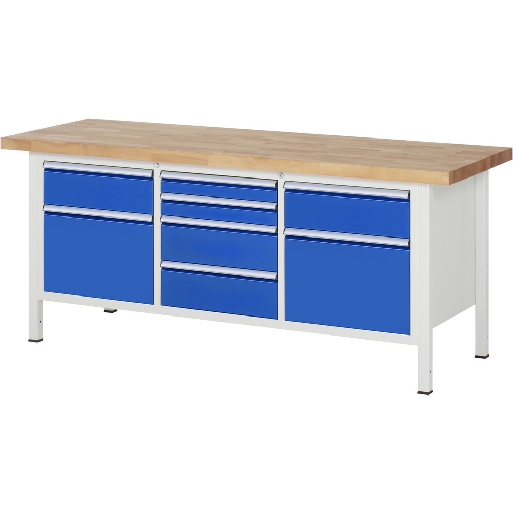 RAU Werkbank Serie 8000, 1 Dreifach-Container, HxBxT 840-1.040 x 2.000 x 700 mm, 8 x 100%-Auszug-Schubladen 2 x 90, 4 x 180, 2 x 360 mm