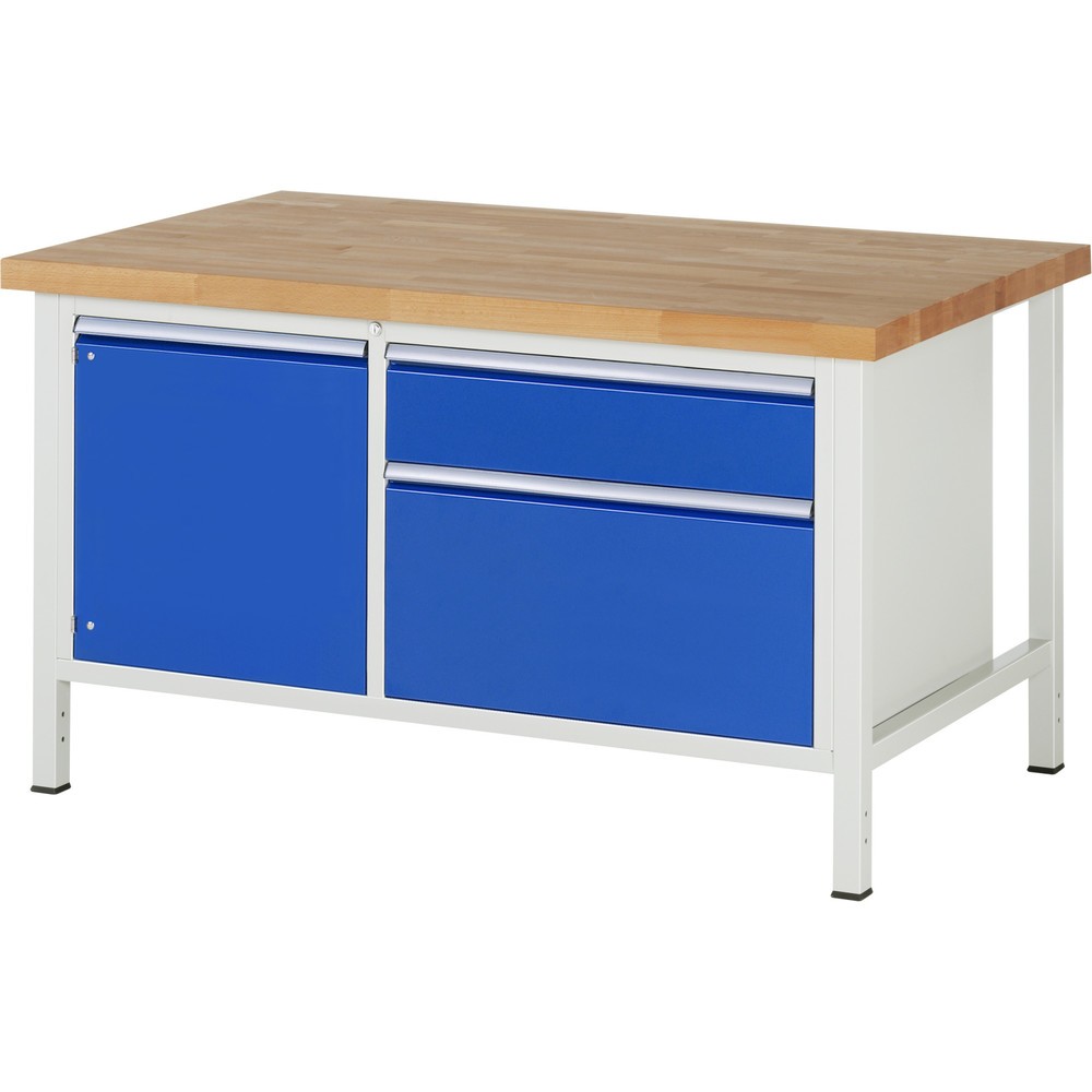 RAU Werkbank Serie 8000, 1 Doppel-Container, 1 Flügeltür, HxBxT 840 x 1.500 x 900 mm, 2 x 100%-Auszug-Schubladen