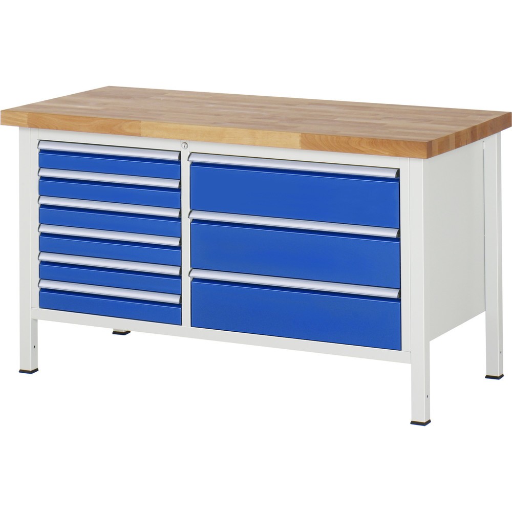 RAU Werkbank Serie 8000, 1 Doppel-Container, HxBxT 840-1.040 x 1.500 x 700 mm, 9 x 90%-Auszug-Schubladen 6 x 90, 3 x 180 mm, Breite 490-680 mm
