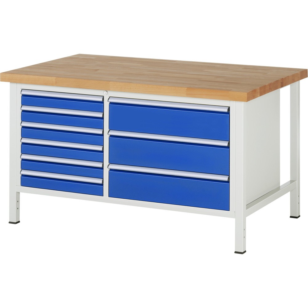 RAU Werkbank Serie 8000, 1 Doppel-Container, HxBxT 840 x 1.500 x 900 mm, 9 x 100%-Auszug-Schubladen 6 x 90, 3 x 180 mm, Schubladen-TK 75/100 kg