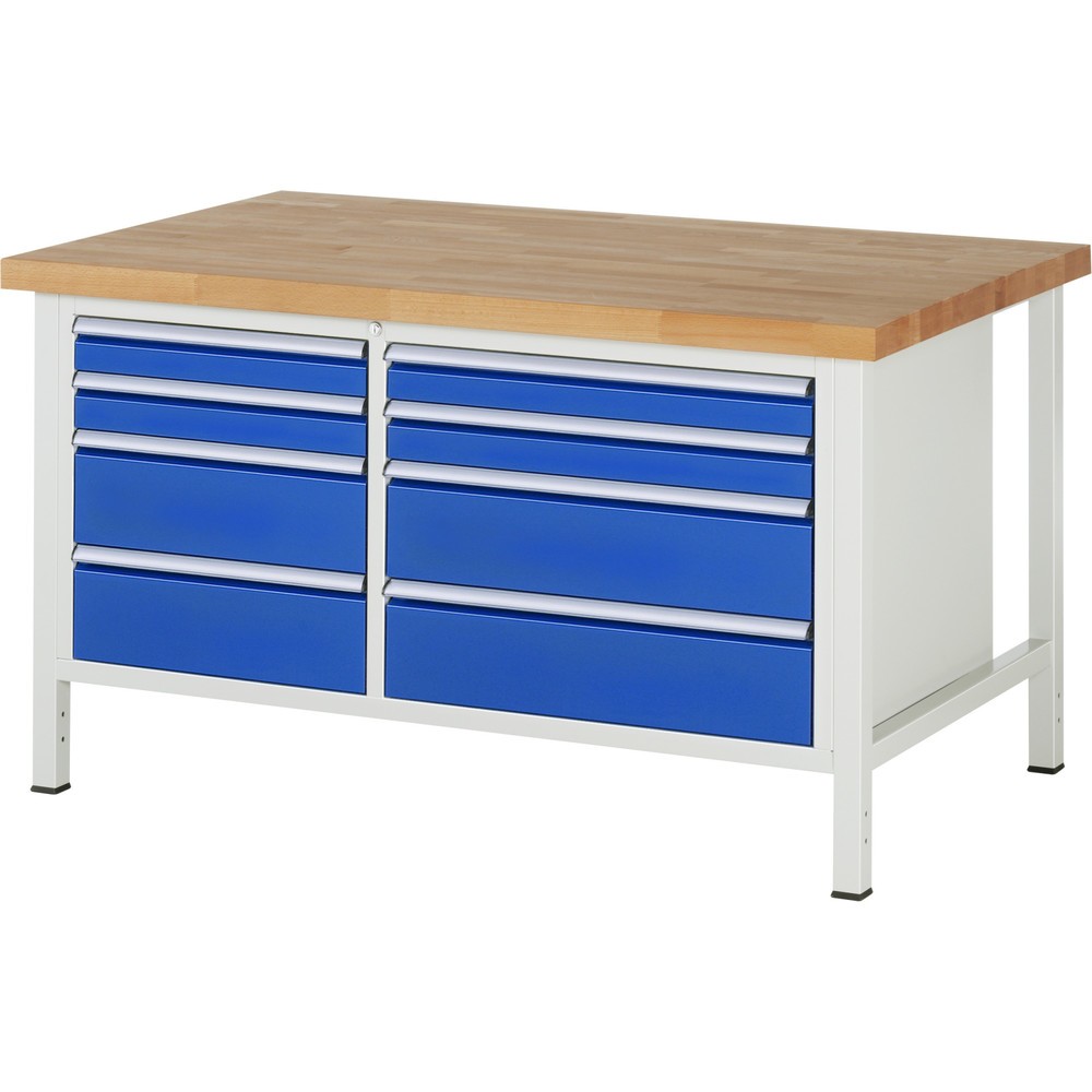 RAU Werkbank Serie 8000, 1 Doppel-Container, HxBxT 840 x 1.500 x 900 mm, 8 x 100%-Auszug-Schubladen 4 x 90, 4 x 180 mm, Schubladen-TK 75/100 kg