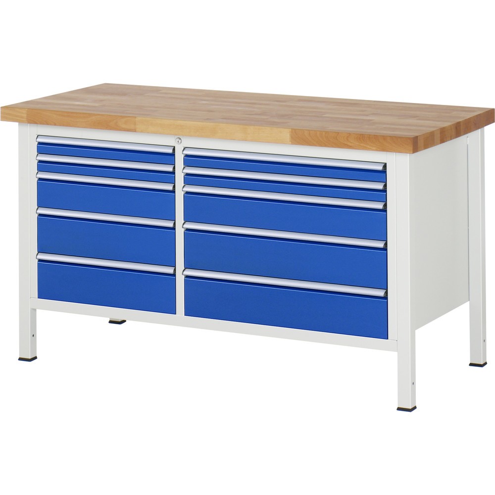 RAU Werkbank Serie 8000, 1 Doppel-Container, HxBxT 840-1.040 x 1.500 x 700 mm, 10 x 90%-Auszug-Schubladen, Schubladen-TK 75/100 kg