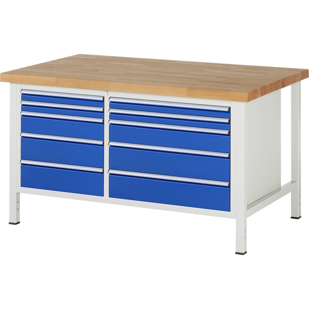 RAU Werkbank Serie 8000, 1 Doppel-Container, HxBxT 840-1.040 x 1.500 x 900 mm, 10 x 90%-Auszug-Schubladen, Schubladen-TK 75/100 kg