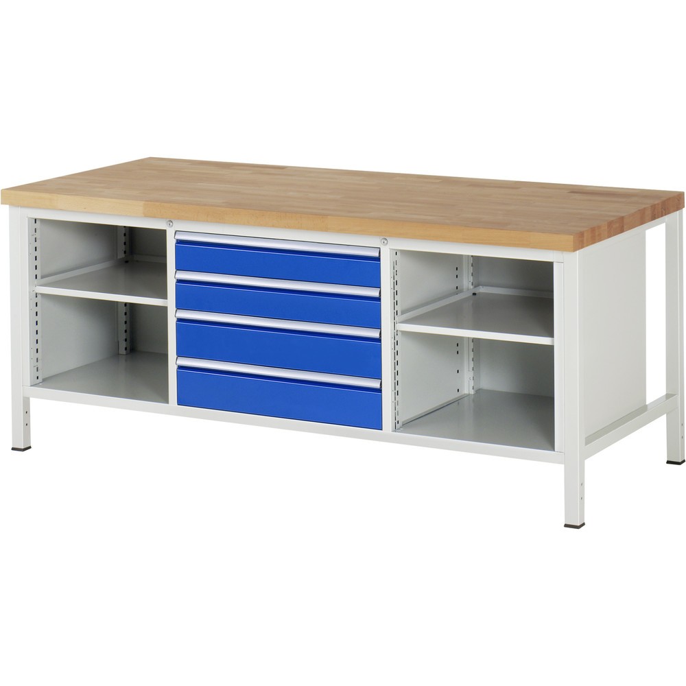 RAU Werkbank Serie 8000, 1 Dreifach-Container, 2 Fachböden, HxBxT 840-1.040 x 2.000 x 900 mm, 4 x 90%-Auszug-Schubladen, Schubladen-TK 75 kg