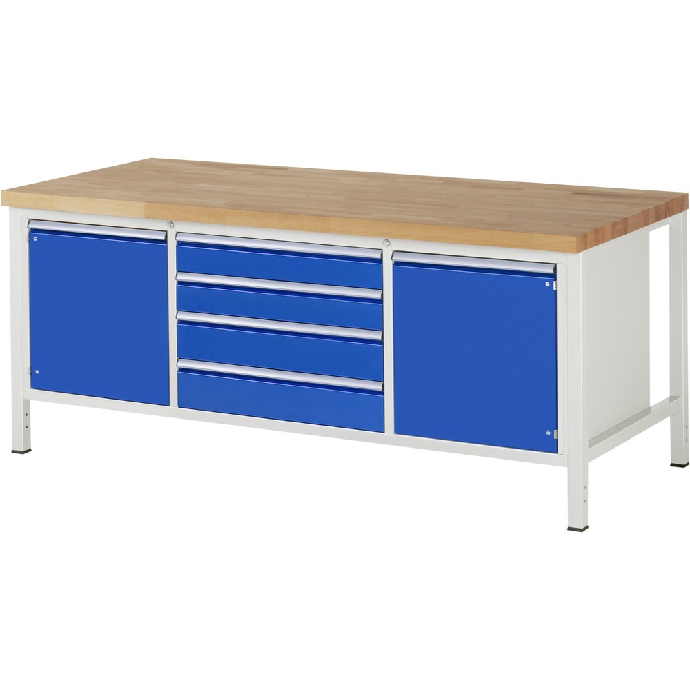 RAU Werkbank Serie 8000, 1 Dreifach-Container, 2 Flügeltüren, HxBxT 840-1.040 x 2.000 x 900 mm, 4 x 100%-Auszug-Schubladen
