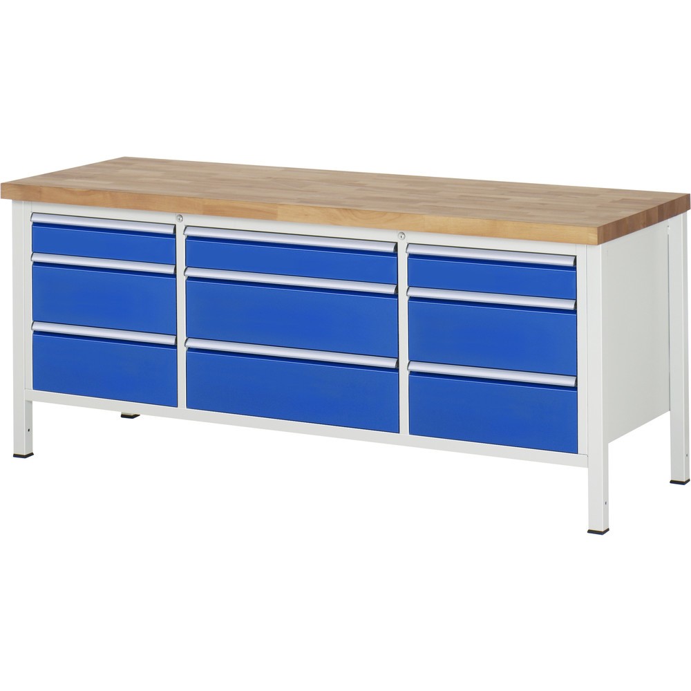 RAU Werkbank Serie 8000, 1 Dreifach-Container, HxBxT 840-1.040 x 2.000 x 700 mm, 9 x 100%-Auszug-Schubladen 3 x 120, 6 x 210 mm, Breite 490-680 mm