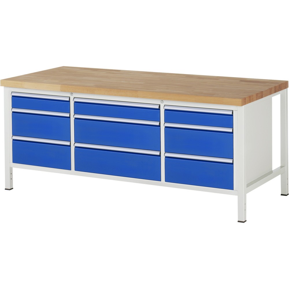 RAU Werkbank Serie 8000, 1 Dreifach-Container, HxBxT 840 x 2.000 x 900 mm, 9 x 90%-Auszug-Schubladen 3 x 120, 6 x 210 mm, Schubladen-TK 100/75 kg