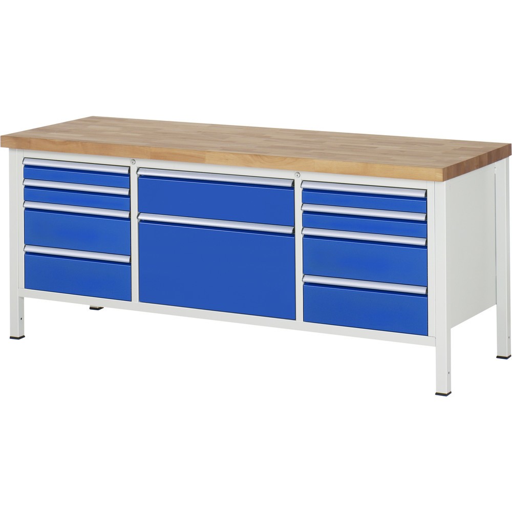 RAU Werkbank Serie 8000, 1 Dreifach-Container, HxBxT 840-1.040 x 2.000 x 700 mm, 10 x 90%-Auszug-Schubladen 4 x 90, 5 x 180, 1 x 360 mm, Schubladen-TK 100/75 kg