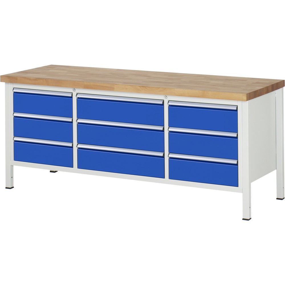 RAU Werkbank Serie 8000, 1 Dreifach-Container, HxBxT 840-1.040 x 2.000 x 700 mm, 9 x 100%-Auszug-Schubladen 9 x 180 mm, Breite 490-680 mm