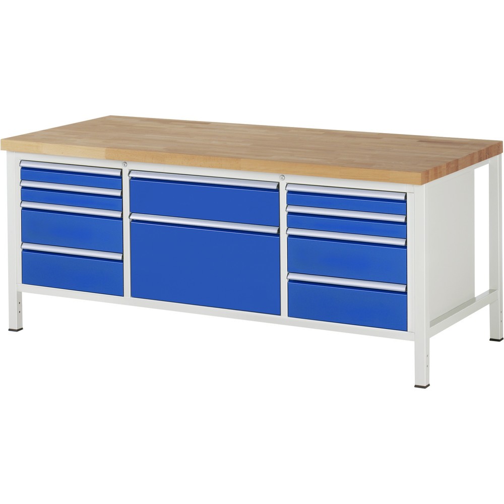 RAU Werkbank Serie 8000, 1 Dreifach-Container, HxBxT 840 x 2.000 x 900 mm, 10 x 90%-Auszug-Schubladen 4 x 90, 5 x 180, 1 x 360 mm, Schubladen-TK 100/75 kg
