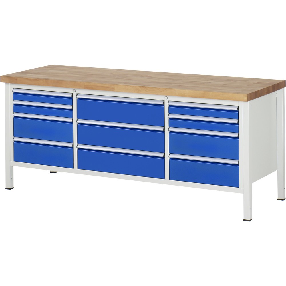 RAU Werkbank Serie 8000, 1 Dreifach-Container, HxBxT 840-1.040 x 2.000 x 700 mm, 11 Schublade 4 x 90, 7 x 180 mm, Schubladen-TK 75/100 kg