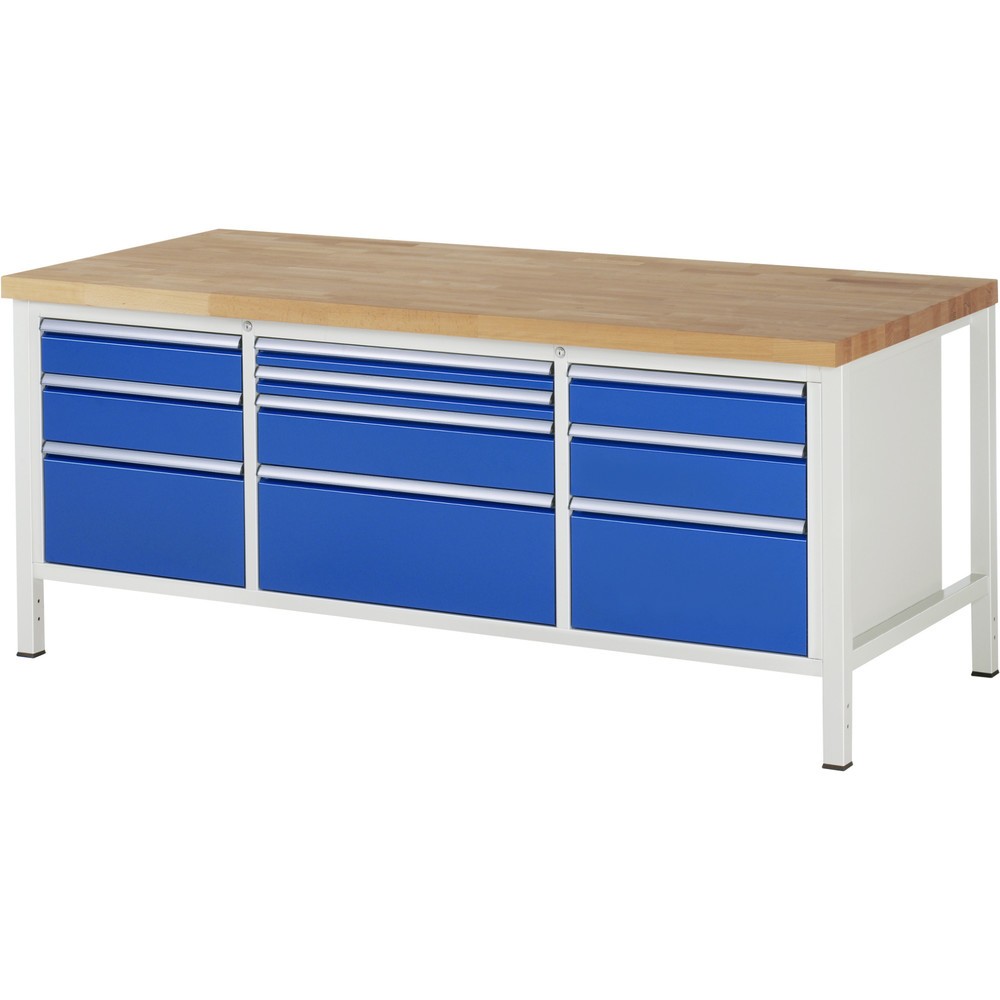 RAU Werkbank Serie 8000, 1 Dreifach-Container, HxBxT 840 x 2.000 x 900 mm, 10 x 90%-Auszug-Schubladen 2 x 60, 2 x 120, 3 x 150, 3 x 270 mm, Schubladen-TK 100/75 kg