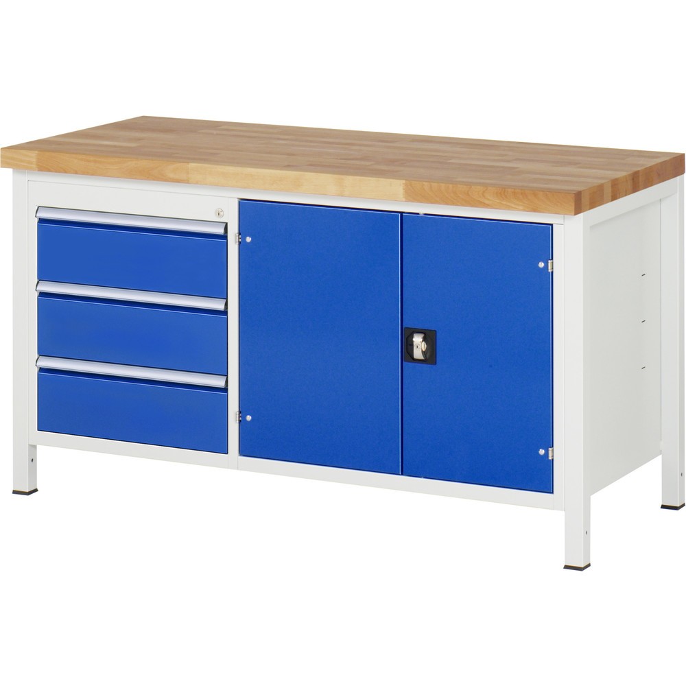 RAU Werkbank Serie 8000, 1 Doppel-Container, 1 Fachboden, 1 Doppel-Flügeltür, HxBxT 840 x 1.500 x 700 mm, 3 x 90%-Auszug-Schubladen