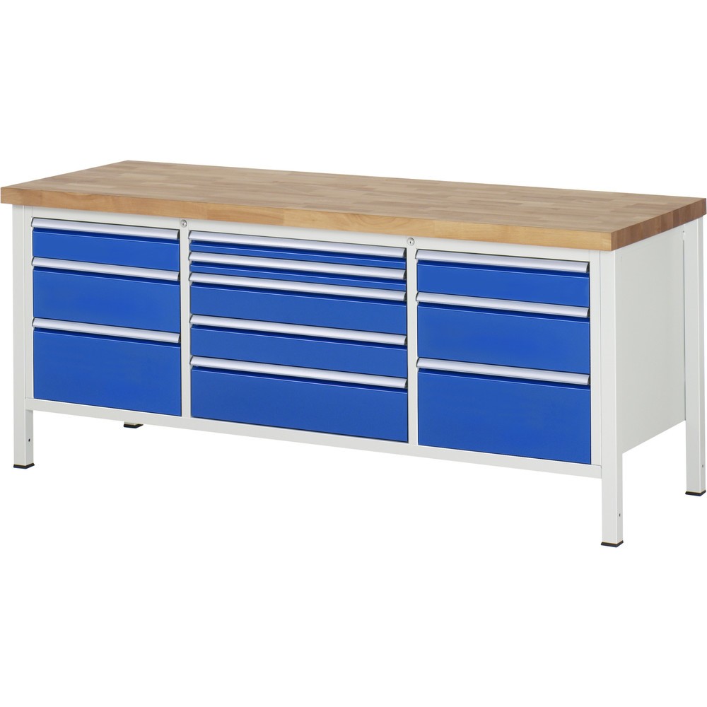 RAU Werkbank Serie 8000, 1 Dreifach-Container, HxBxT 840-1.040 x 2.000 x 700 mm, 11 Schublade 2 x 60, 4 x 120, 3 x 180, 2 x 240 mm, Schubladen-TK 75/100 kg