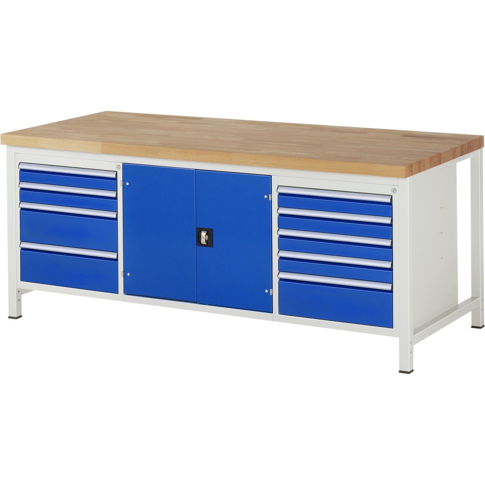 RAU Werkbank Serie 8000, 1 Dreifach-Container, 1 Doppel-Flügeltür, HxBxT 840-1.040 x 2.000 x 900 mm, 9 x 100%-Auszug-Schubladen