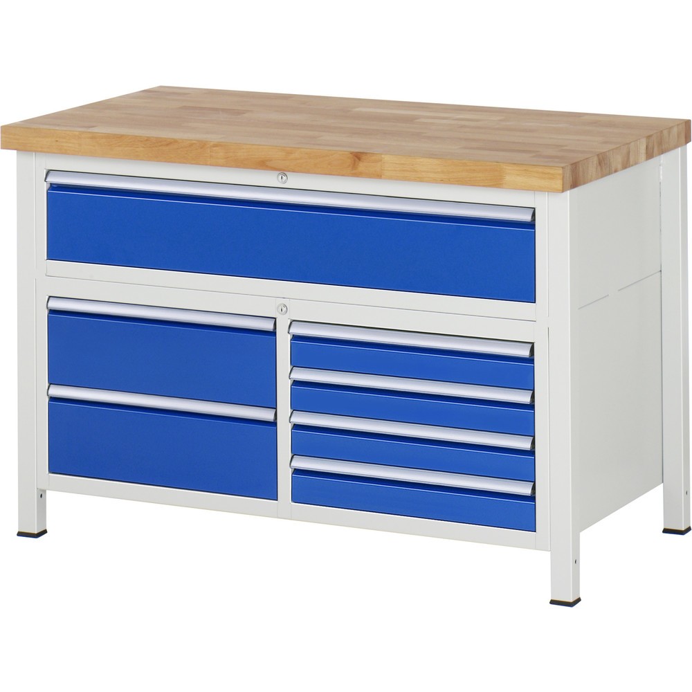RAU Werkbank Serie 8000, 1 Dreifach-Container, HxBxT 840 x 1.250 x 700 mm, 7 x 100%-Auszug-Schubladen 4 x 90, 3 x 180 mm