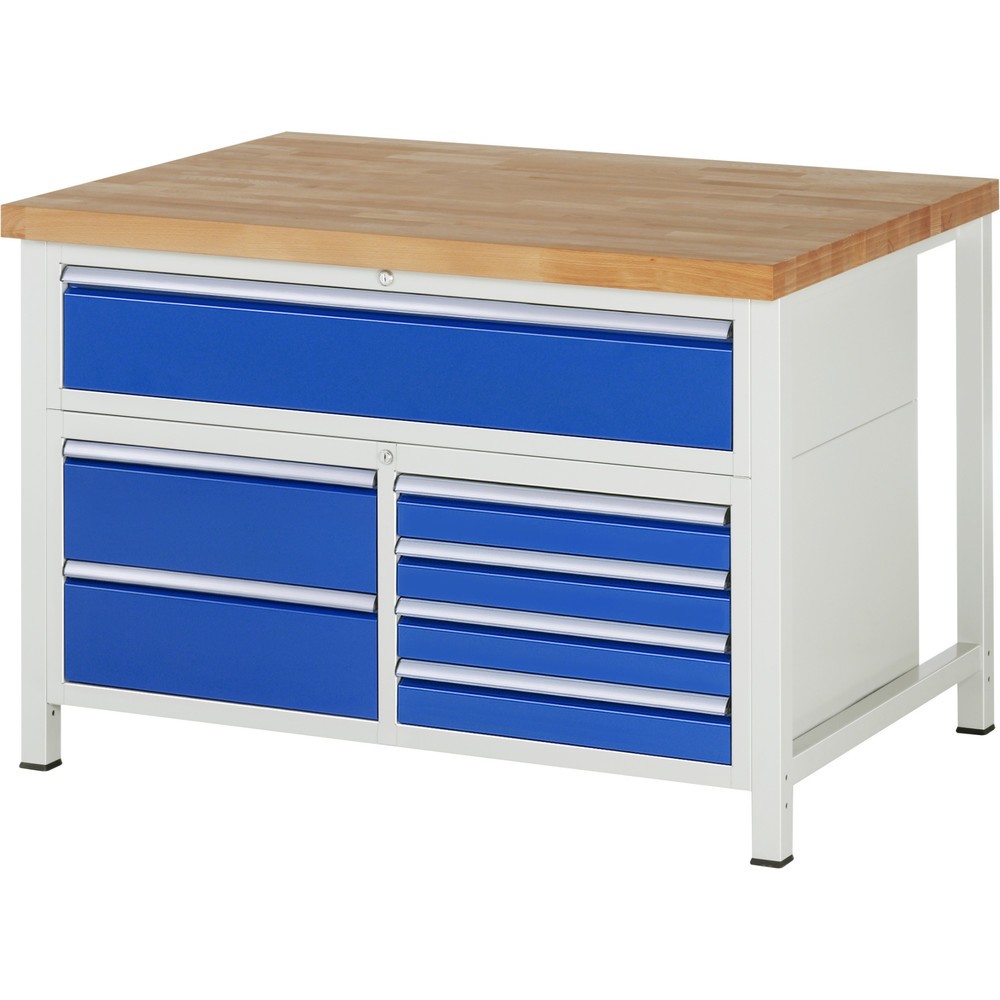 RAU Werkbank Serie 8000, 1 Dreifach-Container, HxBxT 840-1.040 x 1.250 x 900 mm, 7 x 100%-Auszug-Schubladen 4 x 90, 3 x 180 mm