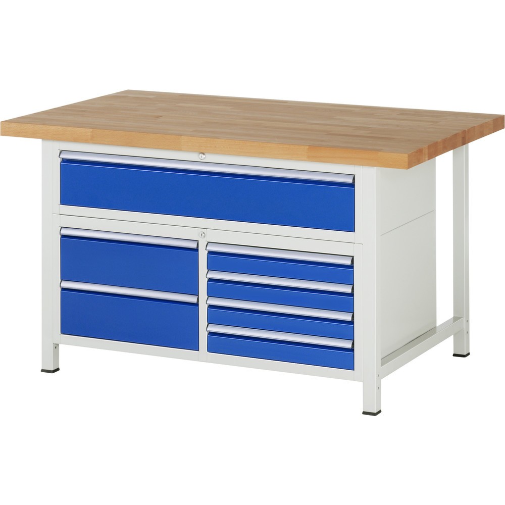 RAU Werkbank Serie 8000, 1 Dreifach-Container, HxBxT 840-1.040 x 1.500 x 900 mm, 7 x 90%-Auszug-Schubladen 4 x 90, 3 x 180 mm