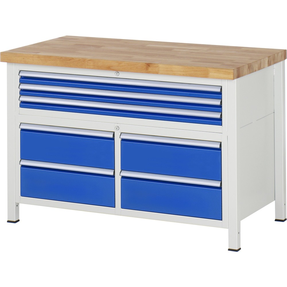 RAU Werkbank Serie 8000, 1 Dreifach-Container, HxBxT 840 x 1.250 x 700 mm, 7 x 90%-Auszug-Schubladen 3 x 60, 4 x 180 mm