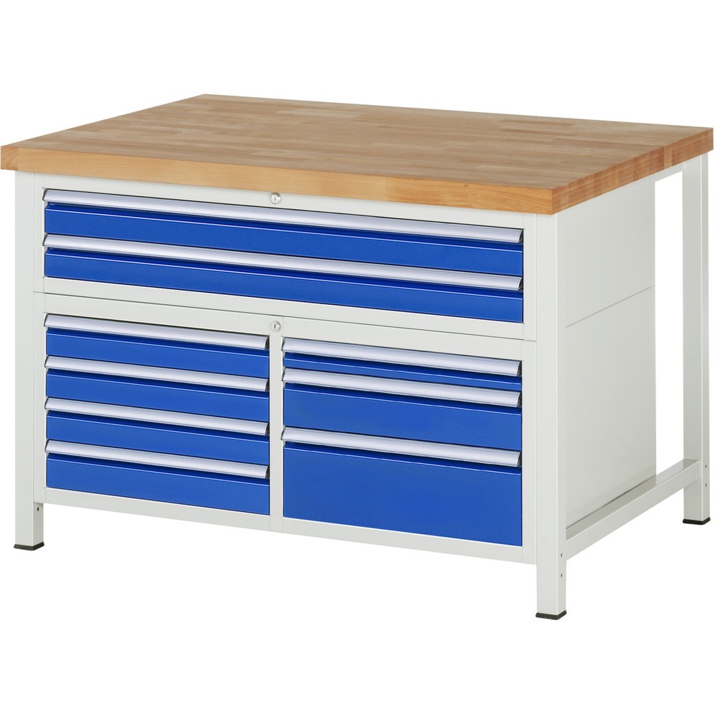 RAU Werkbank Serie 8000, 1 Dreifach-Container, HxBxT 840 x 1.250 x 900 mm, 9 x 100%-Auszug-Schubladen, 2 XXL Schubladen oben