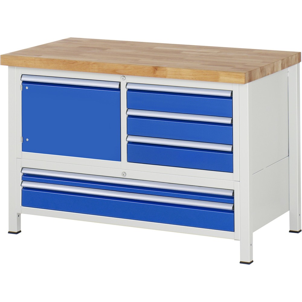 RAU Werkbank Serie 8000, 1 Dreifach-Container, 1 Flügeltür, HxBxT 840 x 1.250 x 900 mm, 5 x 90%-Auszug-Schubladen
