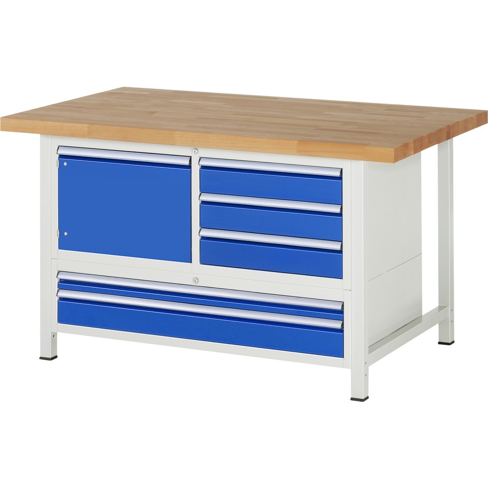 RAU Werkbank Serie 8000, 1 Dreifach-Container, 1 Flügeltür, HxBxT 840 x 1.500 x 900 mm, 5 x 90%-Auszug-Schubladen