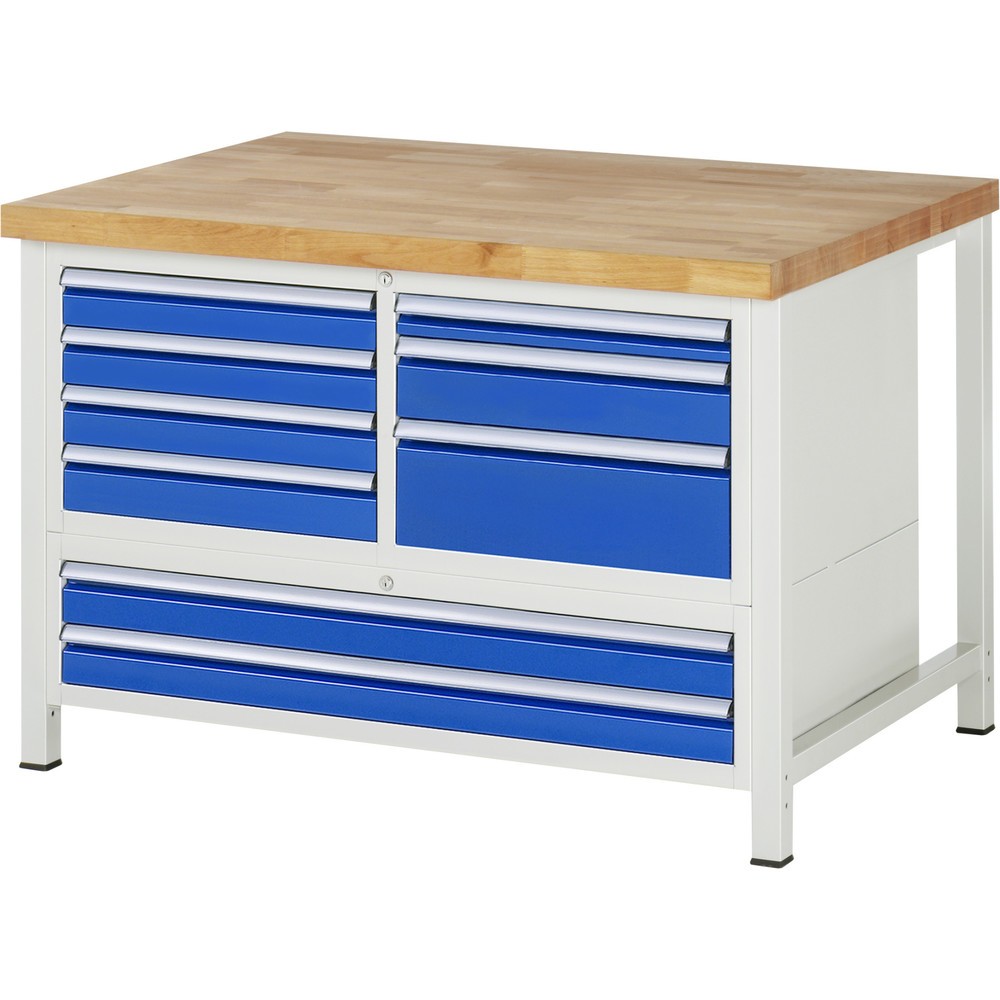 RAU Werkbank Serie 8000, 1 Dreifach-Container, HxBxT 840 x 1.250 x 900 mm, 9 x 90%-Auszug-Schubladen, 2 XXL Schubladen unten