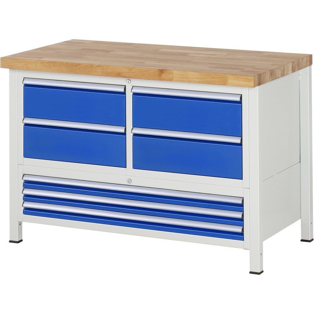 RAU Werkbank Serie 8000, 1 Dreifach-Container, HxBxT 840-1.040 x 1.250 x 700 mm, 7 x 90%-Auszug-Schubladen 3 x 60, 4 x 180 mm