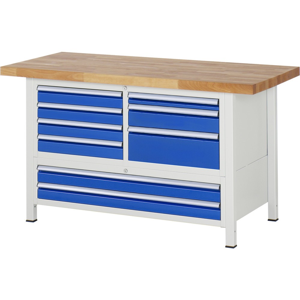 RAU Werkbank Serie 8000, 1 Dreifach-Container, HxBxT 840 x 1.500 x 700 mm, 9 x 90%-Auszug-Schubladen 1 x 60, 6 x 90, 1 x 120, 1 x 180 mm, Schubladen-TK 100/50 kg