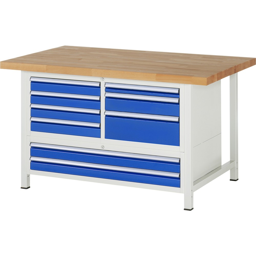 RAU Werkbank Serie 8000, 1 Dreifach-Container, HxBxT 840-1.040 x 1.500 x 900 mm, 9 x 90%-Auszug-Schubladen 1 x 60, 6 x 90, 1 x 120, 1 x 180 mm, Breite 490-1.055 mm