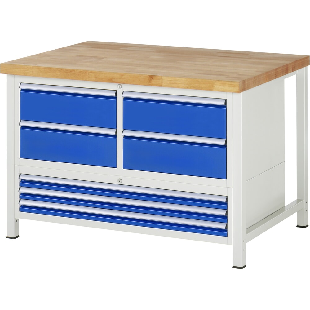 RAU Werkbank Serie 8000, 1 Dreifach-Container, HxBxT 840 x 1.250 x 900 mm, 7 x 90%-Auszug-Schubladen 3 x 60, 4 x 180 mm