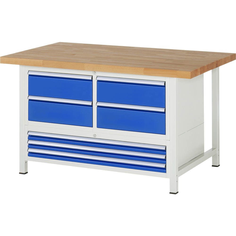 RAU Werkbank Serie 8000, 1 Dreifach-Container, HxBxT 840 x 1.500 x 900 mm, 7 x 90%-Auszug-Schubladen 3 x 60, 4 x 180 mm