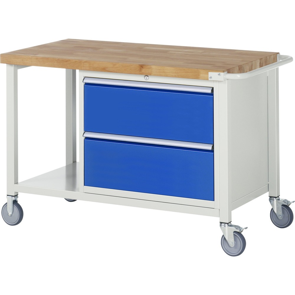 RAU mobile Werkbank Serie 8000, 1 Ablageboden, HxBxT 880-1.080 x 1.250 x 700 mm, 2 x 90%-Auszug-Schubladen