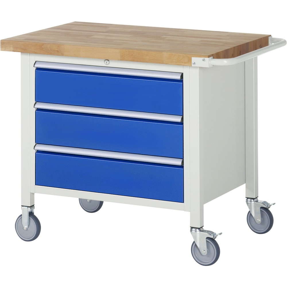 RAU mobile Werkbank Serie 8000, HxBxT 880-1.080 x 1.000 x 700 mm, 1 Container, 3 x 90%-Auszug-Schubladen, Breite 680 mm