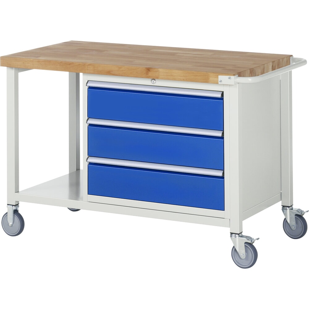 RAU mobile Werkbank Serie 8000, 1 Ablageboden, HxBxT 880-1.080 x 1.250 x 700 mm, 3 x 100%-Auszug-Schubladen, Breite 680 mm