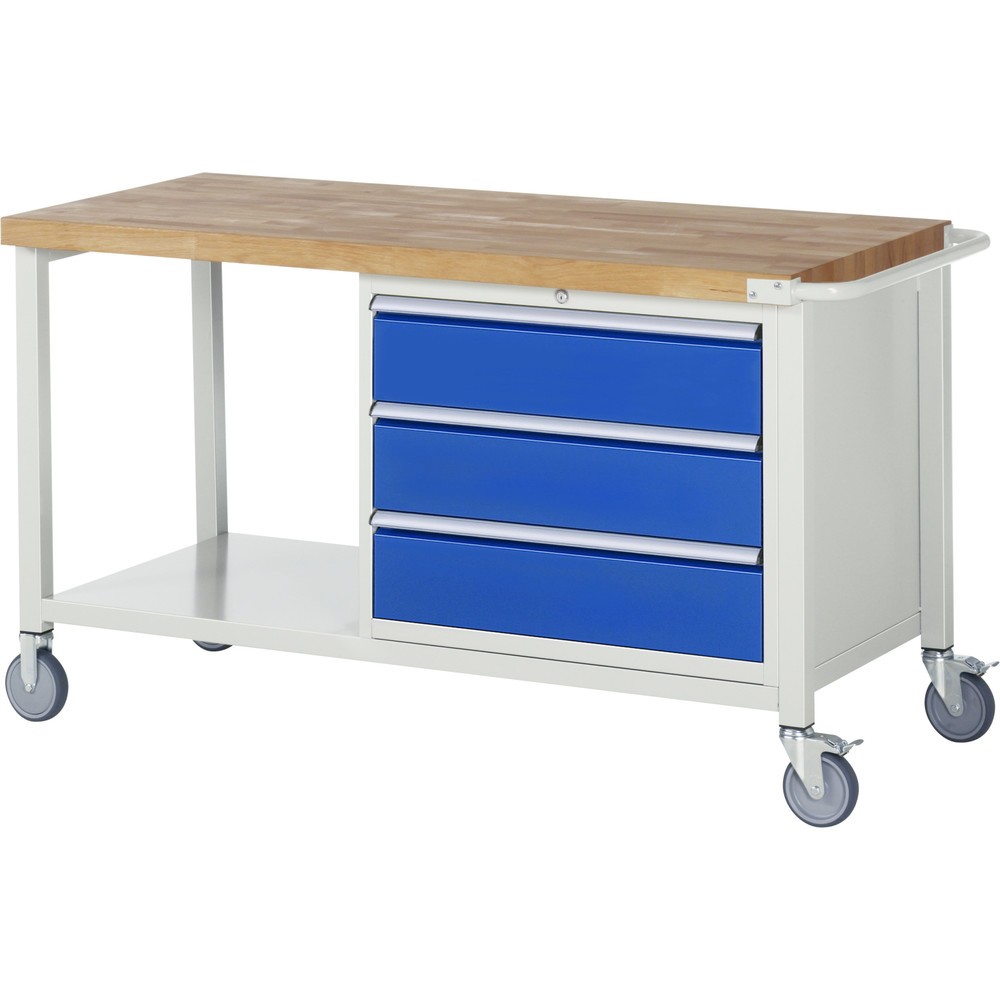 RAU mobile Werkbank Serie 8000, 1 Ablageboden, HxBxT 880 x 1.500 x 700 mm, 3 x 90%-Auszug-Schubladen, Breite 680 mm