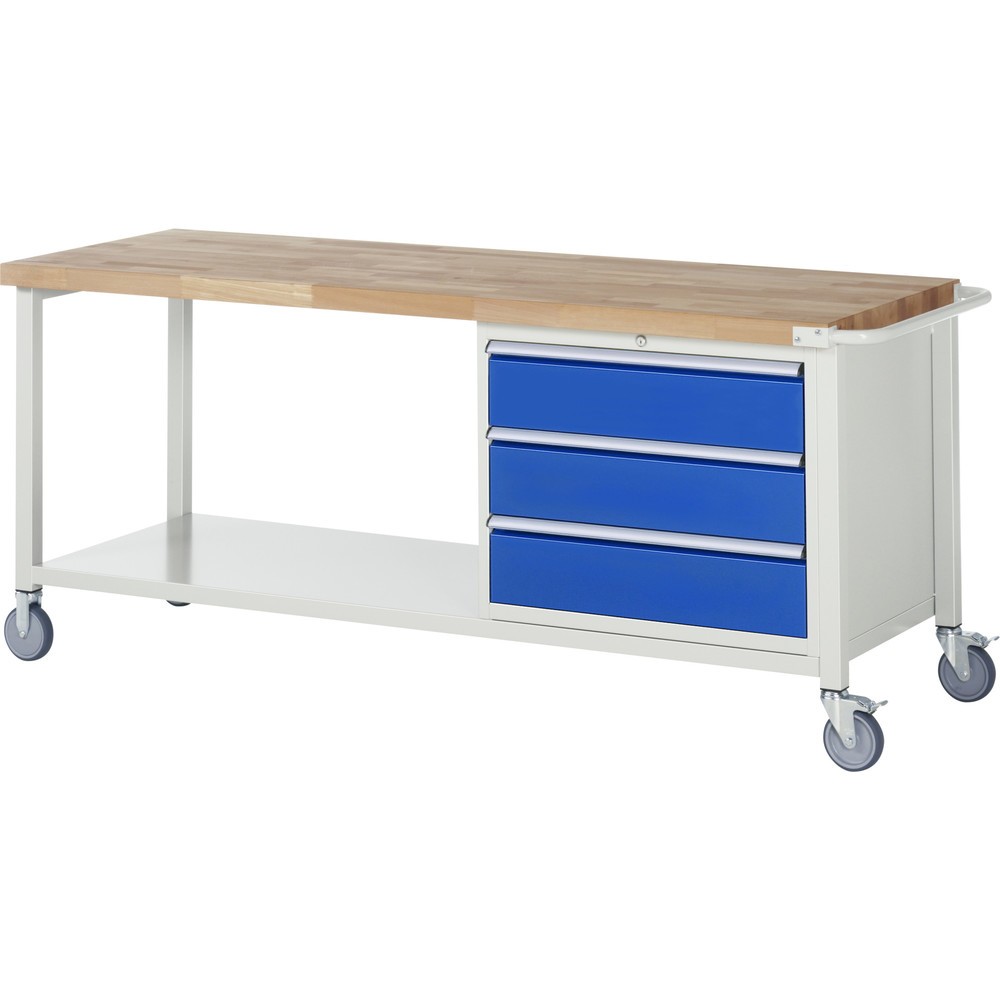 RAU mobile Werkbank Serie 8000, 1 Ablageboden, HxBxT 880-1.080 x 2.000 x 700 mm, 3 x 90%-Auszug-Schubladen, Breite 680 mm